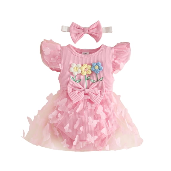 Karoyedx Girl Rompers for Toddlers Baby Girl Romper Dress Lace Tulle Tutu Bodysuit Jumpsuit Flowers Embroidery Skirt Infant Girl Spring Summer Clothes Pink Size,12-18 Months