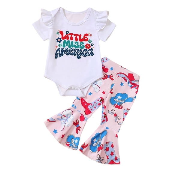 Karoyedx Girls 4th of July Outfit Baby Girl 4th of July Outfits Ruffle Sleeve Tops + Flare Pants 2pcs Toddler Girl Summer Clothes Pink Size,6-12 Months