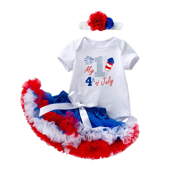 Karoyedx Girls 4th of July Outfit Baby Girl Outfit 4th of July Crew Neck Ruffle Short Sleeve Letters Print Romper Layered Skort and Headband Blue Size,3-6 Months
