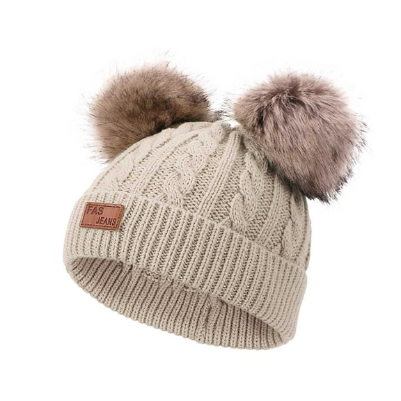 Karoyedx Girls Beanie Kids Toddler Winter Hat with Double Pom Poms Warm Fleece Lined Toddler Beanie for Girls Boys Beige Size,1-4 Years