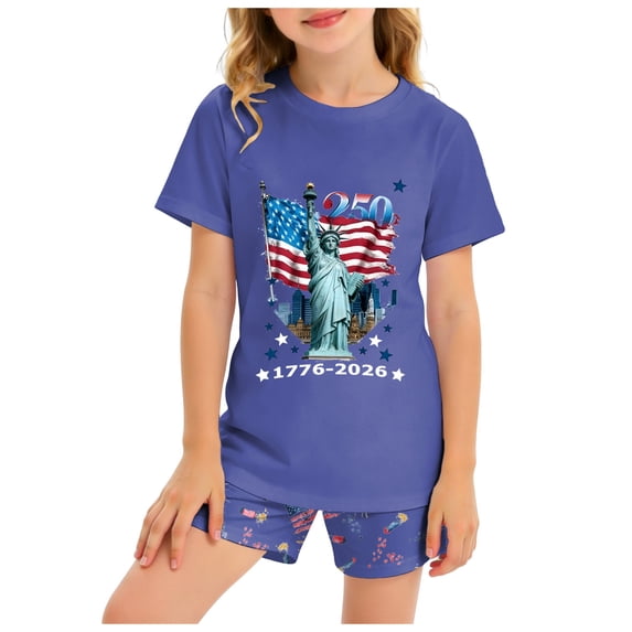 Karoyedx Girls Clothes Toddler Girls 4th of July Outfit 250th American Flag Short Sleeve T-Shirt & Shorts 2PCS Set Patriotic Summer Clothes Blue Size,2-3 Years