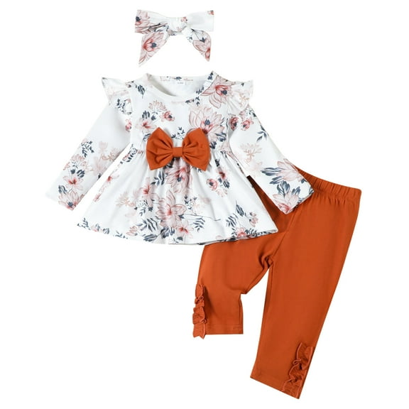 Karoyedx Girls' Clothing Sets Fall Winter Toddler Baby Girl Clothes Cute Print Ruffle Shirt Top Pants Set 2 Piece Newborn Infant Girl Outfit Brown Size,6-9 Months