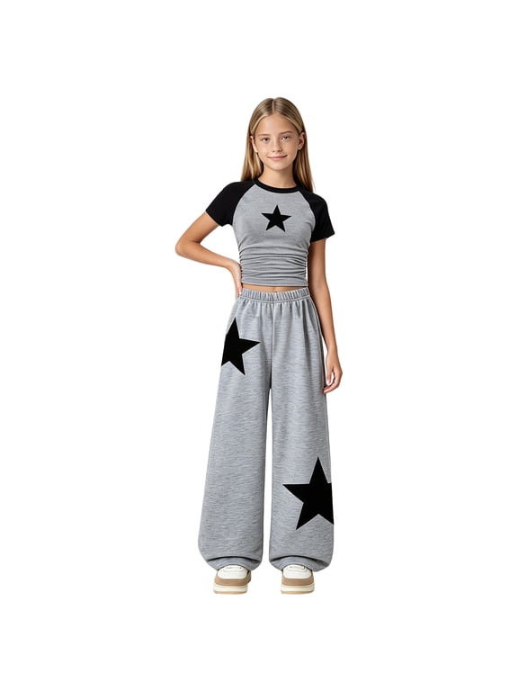 Girls' Clothing Sets Girls Clothes 2 Piece Outfit Short Sleeve Top + Casual Pants Girls Fall and Spring Outfits Gray Size,8-9 Years