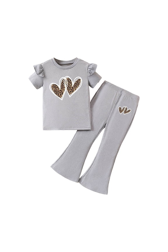 Girls' Clothing Sets Tween Girls 2PCS Outfit Set Cute Top & Flare Pants with Print Casual Girl Clothes Grey Size,2-3 Years