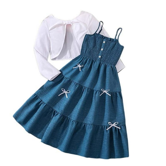 Karoyedx Girls Formal Dresses Long Outfit Set For Teen Girls Long Sleeve Floral Print Coat Dress Daily Wear Outfits Sets 2Pc White Size,7-8 Years