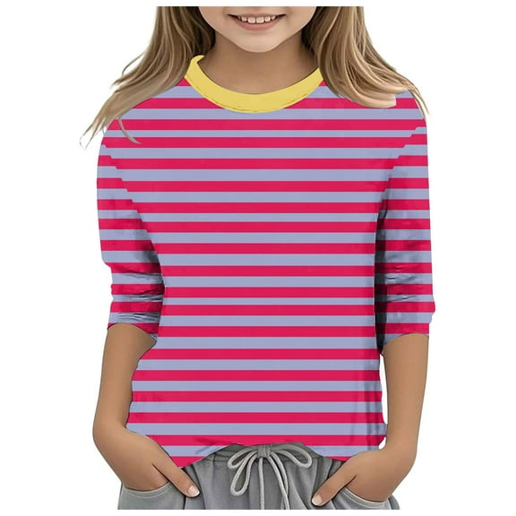 Karoyedx Girls Graphic Tees Toddler Baby Girls Long Sleeve Basic Layering Casual T Shirt Knit Ribbed Lace Collared Little Kids Casual Fall Tees Hot Pink Size,4-5 Years