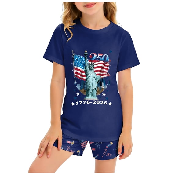Karoyedx Girls July 4th Holiday Outfit Set Toddler Girl Outfit 250th Independence Day Celebration USA Stars Striped 2 Piece Short Set Summer Vacation Clothes Dark Blue Size,3-4 Years