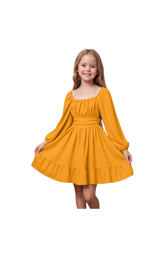 Girls Long Sleeve Dresses With Pockets Girls Long Sleeve A-Line Dress Square Neck Christmas Uniform Casual Party Church Dress for Little Big Girls Orange Size,11-12 Years