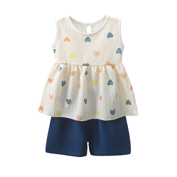 Karoyedx Girls Outfit Toddler Girl Clothes Baby Summer Heart Print Tank Top Sleeveless and Shorts Baby Outfit Girls Clothing Blue Size,18-24 Months