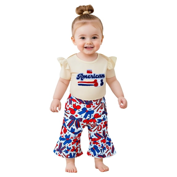 Karoyedx Girls Patriotic Clothes Fourth of July Baby Girl Outfit Toddler Memorial Day Clothes Embroidery Usa T-shirt and Shorts Set Khaki Size,3-6 Months