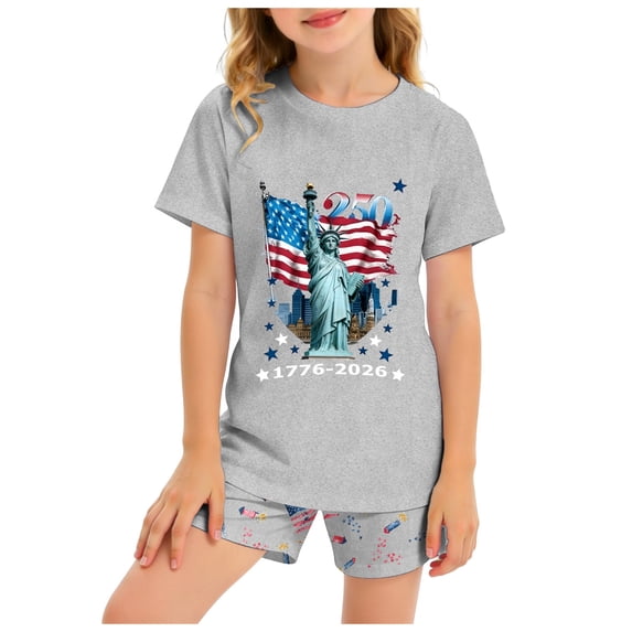 Karoyedx Girls Sets Toddler Girl Outfit 250th Independence Day Celebration USA Stars Stripes Short Set Summer Vacation Clothes Grey Size,2-3 Years