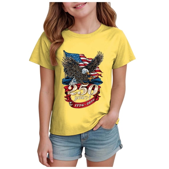 Karoyedx Girls Shirt Toddler Girls 4th of July Shirt America 250th Anniversary T-Shirt Retro American Flag Bow Tee Kids USA Patriotic Top Yellow Size,11-12 Years