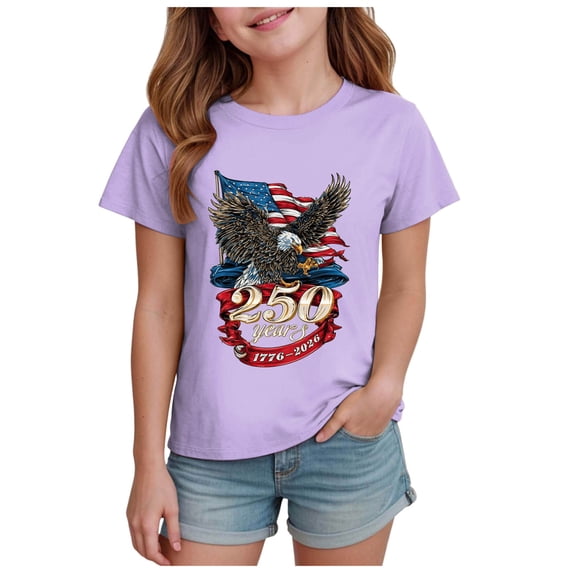 Karoyedx Girls Summer Shirts 250 Years USA Shirt for Kids 1776 American Flag Graphic Shirt Boys Girls Patriotic Short Sleeve 4th of July Tee Top Purple Size,11-12 Years