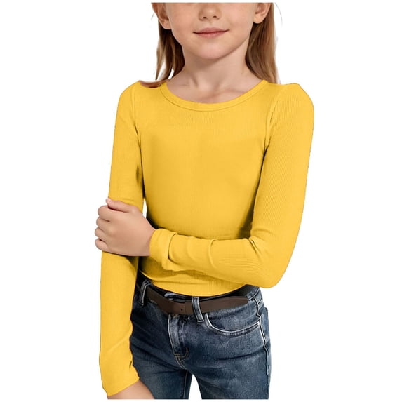 Karoyedx Girls Summer Shirts Girls Long Sleeve T-Shirts Kids Rib Knit Slim Fit Tops Summer Fashion Crewneck Tees Yellow Size,11-12 Years