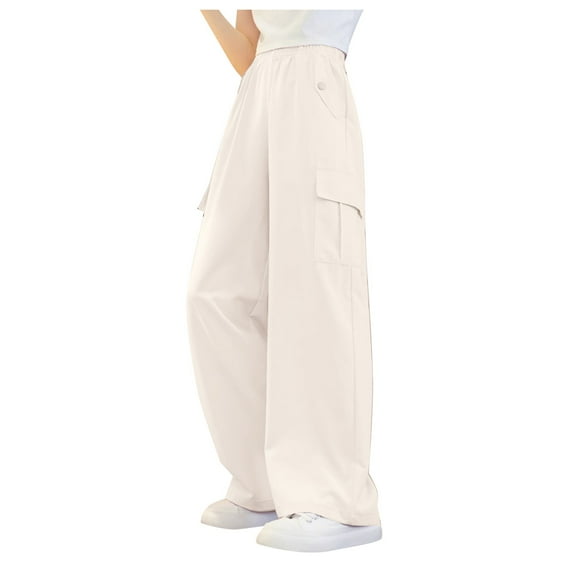 Karoyedx Girls Vintage Multiple Pockets Cargo Pants Wide-Leg Casual Straight Streetwear Beige Size,140