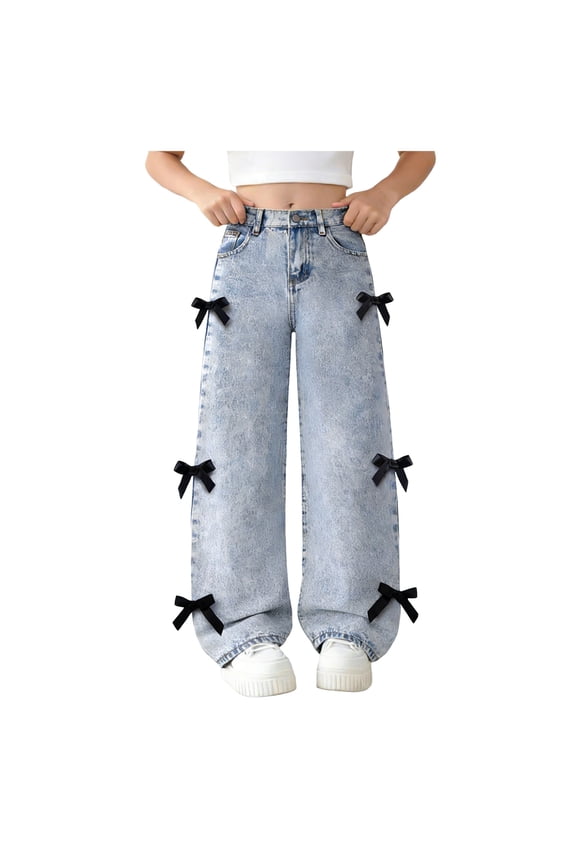 Girls Wide Leg Jeans Girls Wide Leg Jeans with Bows High Waisted Baggy Flare Denim Pants Y2K Outfits for Teen Girls Light Blue Size,5-6 Years