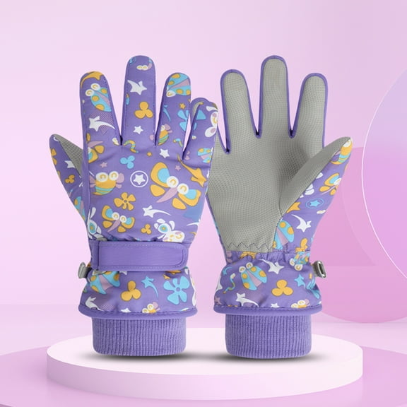 Karoyedx Gloves for Kids Children Cartoon Print Winter Ski Gloves Thermal Gloves Thermal Cycling Gloves Kids Windproof Gloves Purple Size,6-9 Years