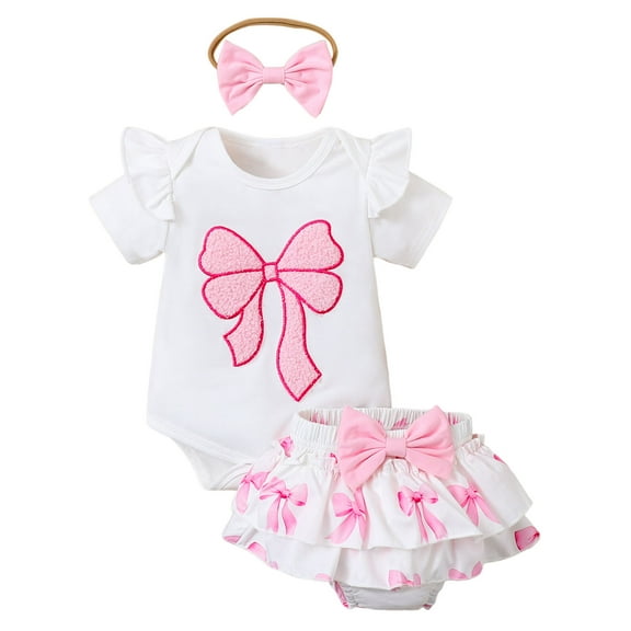 Karoyedx Infant Dress Baby Girl Summer Clothes Outfits Short Sleeve Cute Romper Overall Skirt Dress Headband 3PCS Newborn Outfit White Size,3-6 Months