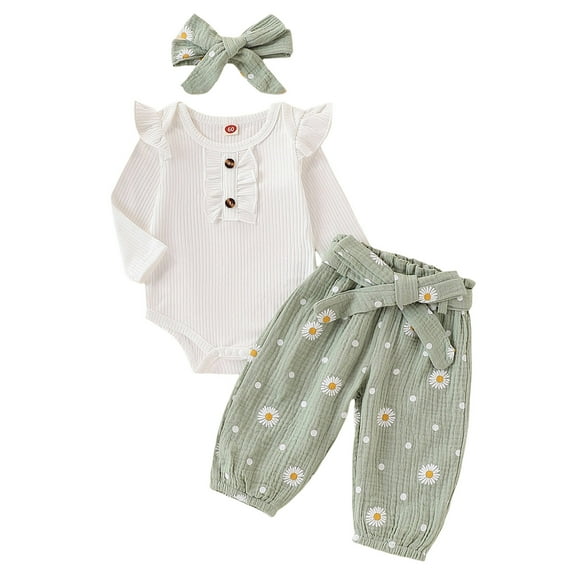 Karoyedx Infant Girl Pant Sets Newborn Baby Girls Clothes Ribbed Ruffled Romper Floral Pants Headband Infant Outfit Set Light Green Size,3-6 Months