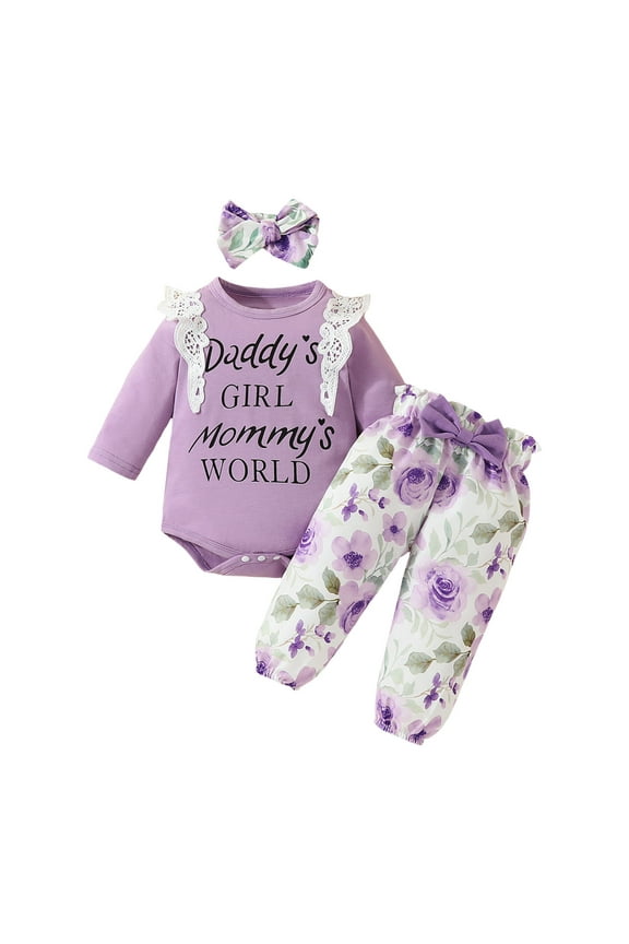 Infant Rompers Newborn Infant Girl Clothes Rib Knit Romper Daisy Print Pants Headband Baby Clothes for Girls Purple Size,9-12 Months