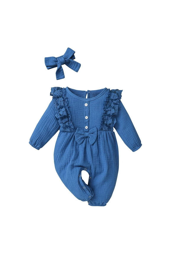 Infant Winter Rompers Baby Girl Romper Infant Fall Winter Clothes Ruffle Sweater Long Sleeve Bodysuit Jumpsuit and Headband Blue Size,6-12 Months