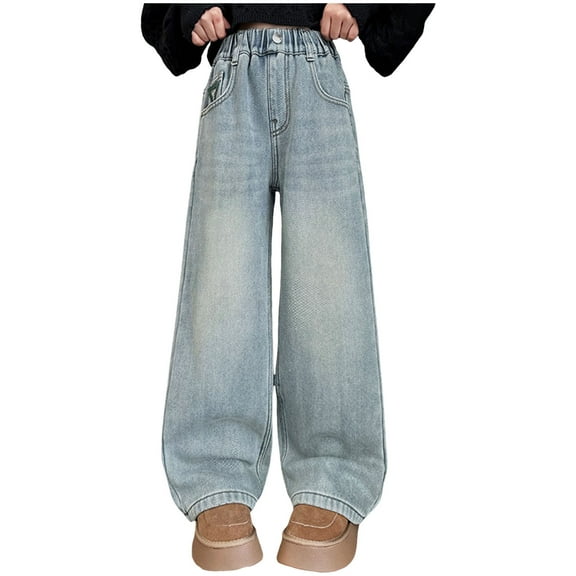 Karoyedx Jeans for Teen Girls Girls Wide Leg Jeans Casual Baggy Pants for Girl Cute Soild Teens Straight Pant Y2k Trousers Fall Winter Streetwear Blue Size,5-6 Years