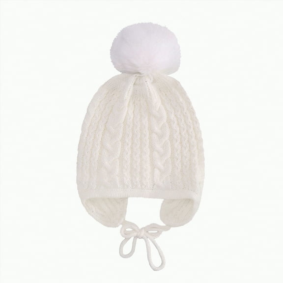 Karoyedx Kids Beanie Children's Hat Solid Color Twist Baby Autumn Winter Warm Knit Hat Single Ball Ear Protection Children's Wool Hat White Size,0-3 Years