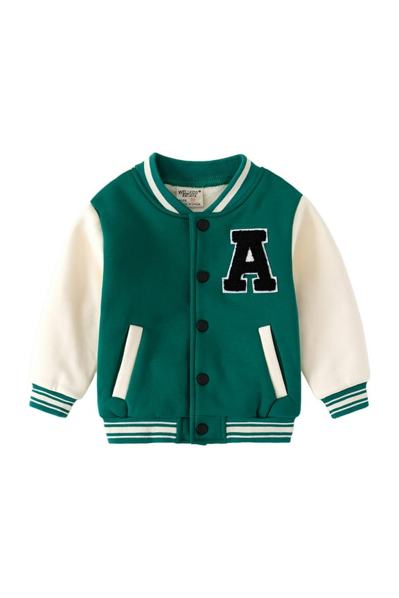 Kids Fall Clothes Boy's Graphic Varsity Jackets Button Down Baseball Jacket Outerwear Streetwear Green Size,12-18 Months