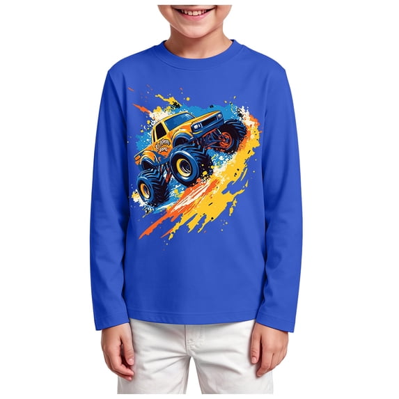 Karoyedx Kids Fall Clothes Toddler Boys T-Shirt Long Sleeve Shirt Truck Dinosaur Space Rocket Print Cotton Tops Dark Blue Size,7-8 Years