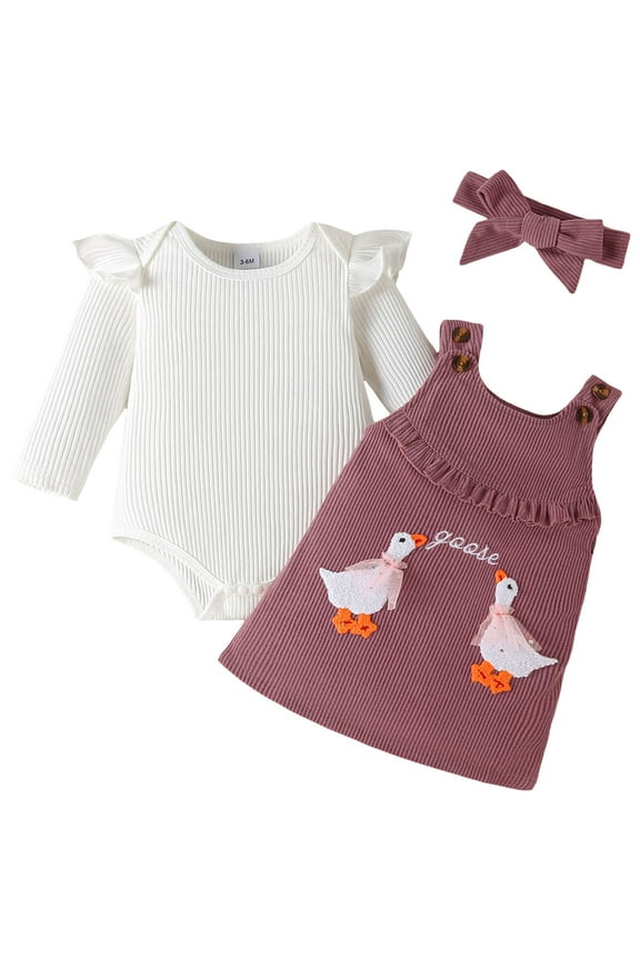 Kids Fall Outfits Baby Girl Clothes Fall Winter Outfits Cute Print Infant Romper Suspender Skirt with Headband 3pc Set Purple Size,9-12 Months