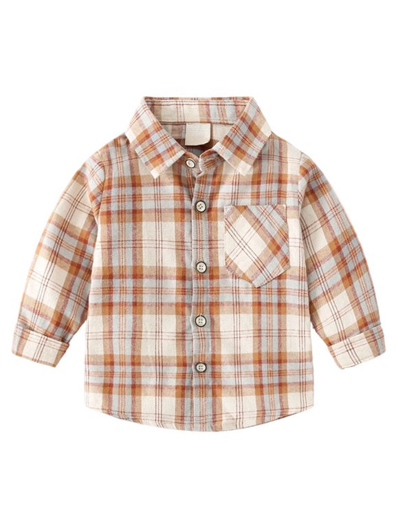 Kids Flannel Shirt Girl Toddler Boys' Girls' Flannel Plaid Shirt Button Down Long Sleeve Jacket Lapel Shacket Coat Tops Casual Outwear Orange Size,3-4 Years