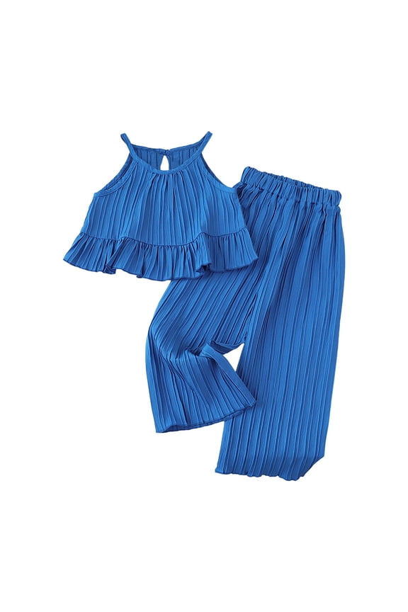 Kids Summer Outfits Girls Toddler Baby Girl Clothes Sleeveless Smocked Ruffle Tank Tops and Long Pants Summer Little Girls Outfits Blue Size,2-3 Years