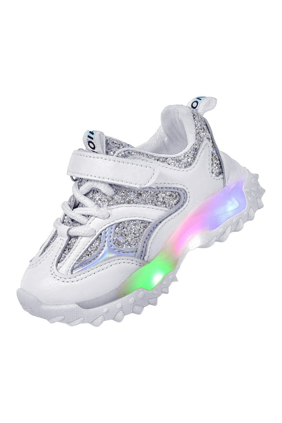 Light Up Shoes Toddler Sole Rubber Glitter Sneakers No Lace Flat Non First Walking Sport Shoes Boys Girls Cute Breathable Shoes White Size,9
