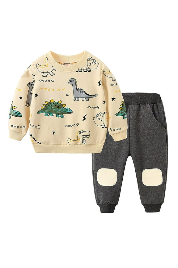 Little Boys Clothing Sets Toddler Baby Boy Clothing Sets Little Dinosaur Printed Long Sleeve Tops and Pants Kids 2pcs Outfits Beige Size,3-4 Years