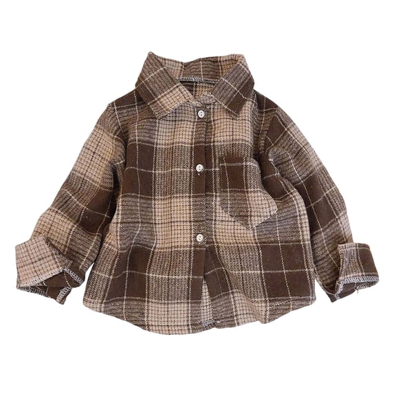 Karoyedx Little Boys Flannel Shirt Boys Cotton Plaid Long Sleeve Shirt Button Down Everyday Top Chest Patch Pocket Regular School Playdate Everyday Top Brown Size,5-6 Years