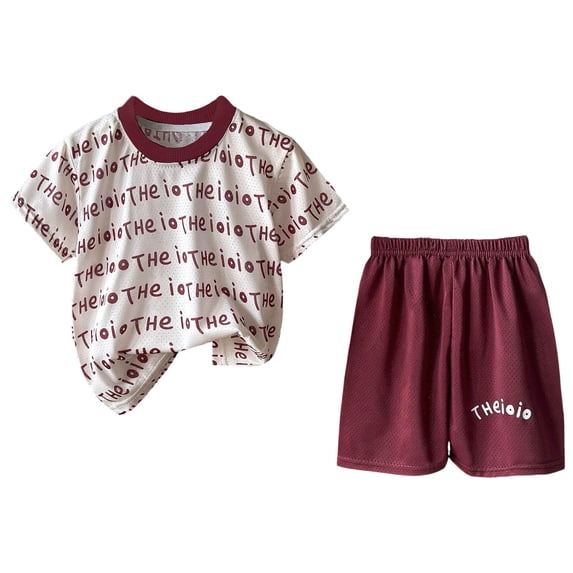 Karoyedx Little Boys Summer Outfits Toddler Boys Summer Active Clothes Athletic Short Sleeve Shirt Mesh Shorts Set Kids Sports Outfit Wine Size,2-3 Years