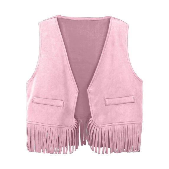 Karoyedx Little Girls Cowgirl Clothes Girls Suede Fringe Vest Sleeveless Rivets Jacket Boho Tassels Western Cowgirl Pink Size,7-8 Years