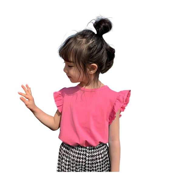 Karoyedx Little Girls Tshirts Toddler Baby Girls Ruffle Blouse Kids Girl Solid Color T-Shirts Casual Tee Tops Hot Pink Size,7-8 Years