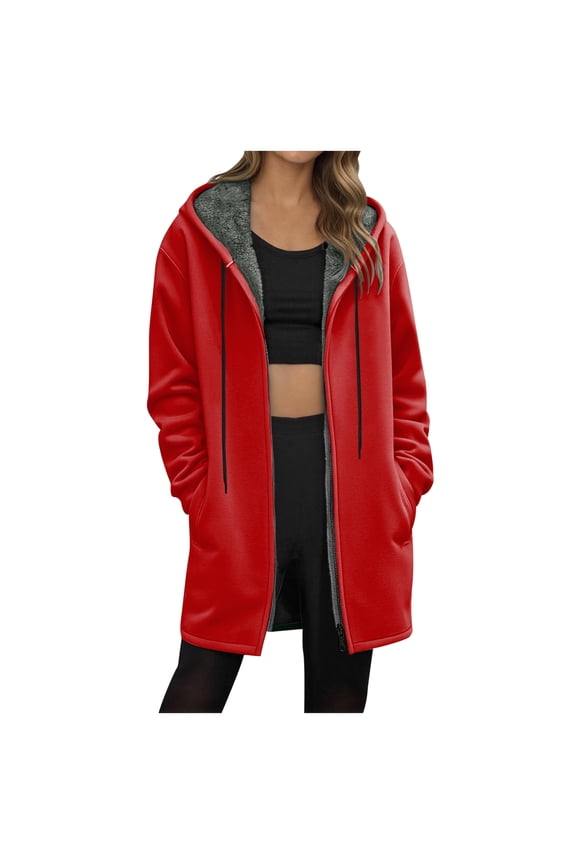 Long Hoodies for Women Zip Up Winter Long Hoodies For Women Zip Up Hoodie Trendy Casual Oversized Fleece Tunic Sweatshirts Fall Winter Jacket Coat Red Size,2XL