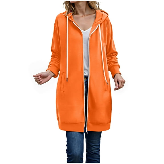 Karoyedx Long Zip Hoodies for Women Women's Zip Up Hoodies Oversized Fleece Long Sleeve Sweatshirts Casual Fall Jacket Coat with Pocket Orange Size,S