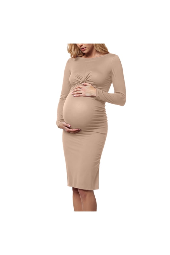 Maternity Fall Dresses Midi 2025 Women Spring Fall Casual Round Neck Long Sleeve Loose Split Wrinkle-Free Long Maxi Dress with Pockets Khaki Size,3XL