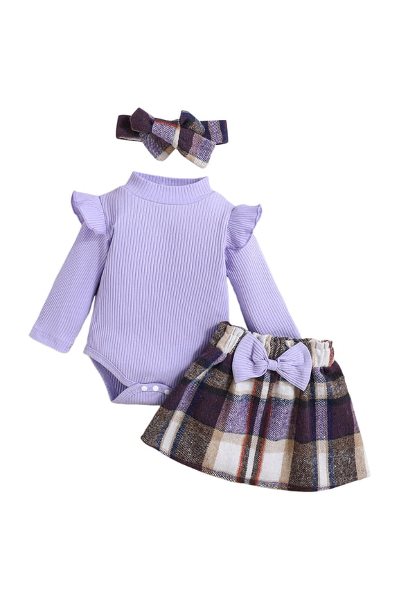 Newborn Dresses for Baby Girls Infant Baby Girl Fall Winter Outfits Long Sleeve Romper Knitted Bodysuit with Plaid Skirt Outfits Purple Size,9-12 Months