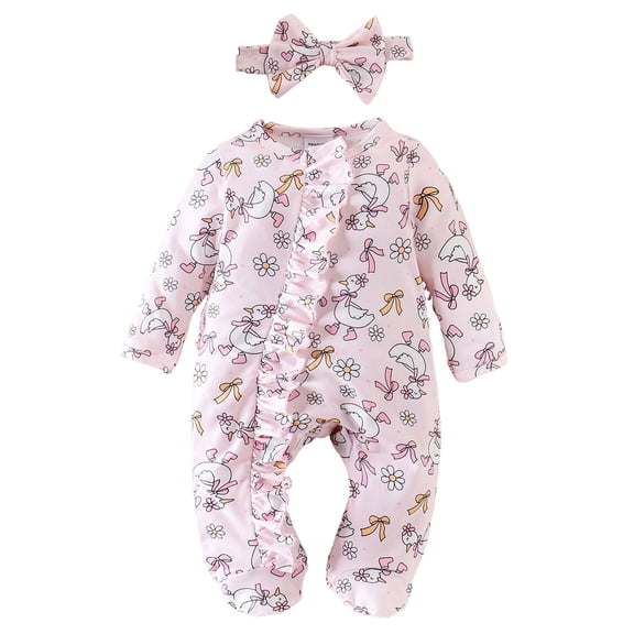 Karoyedx Newborn Outfit Newborn Baby Girl Fall Winter Bodysuit Clothes Long Sleeve Print Jumpsuit Romper with Zipper Outfit Pink Size,3-6 Months