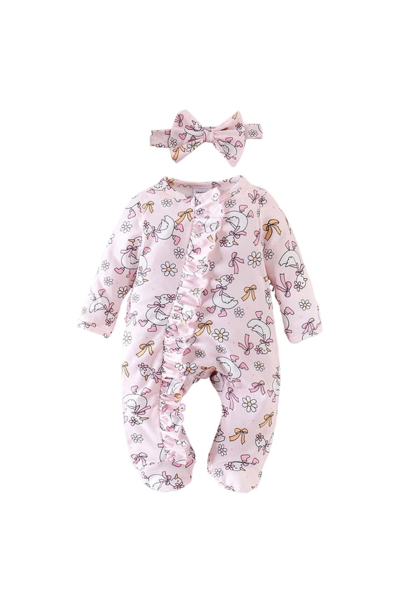 Newborn Outfit Newborn Baby Girl Fall Winter Bodysuit Clothes Long Sleeve Print Jumpsuit Romper with Zipper Outfit Pink Size,3-6 Months
