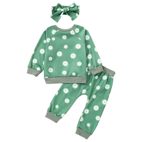 Karoyedx Outfit Sets for Kids 3Pcs Toddler Girl Clothes Solid Color Long Sleeves Ruffle Top+Floral Pants+Headband Fall/Winter Outfits Set Green Size,70