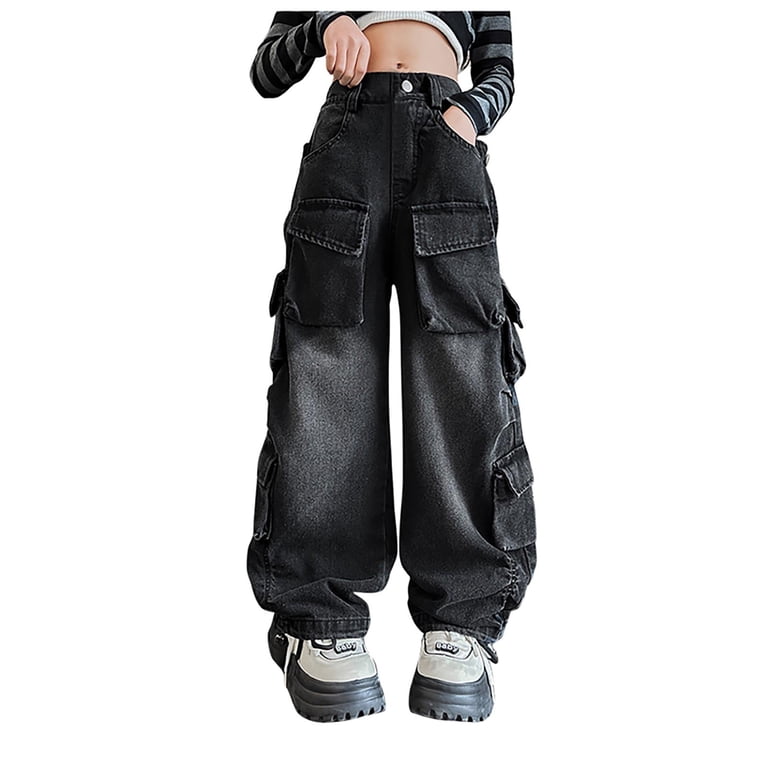 Karoyedx Pants for Girls Tween Girls Cargo Jeans Y2K Solid Washed