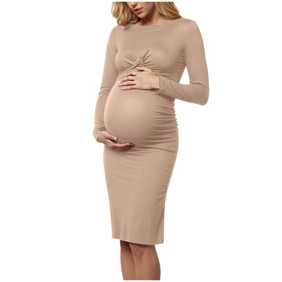 Karoyedx Plus Size Maternity Dress Womens Long Sleeve Midi Sweater Dress Wrap V Neck Pleated A Line Fit Flare Elegant Knit Maxi Dress Khaki Size,S