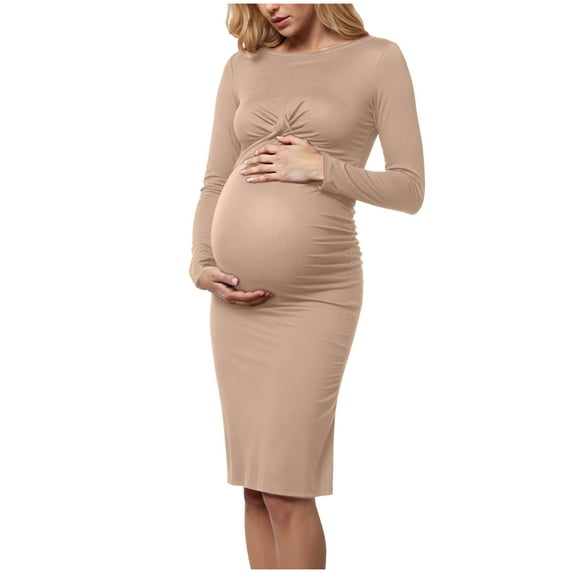 Karoyedx Plus Size Maternity Dress Womens Long Sleeve Midi Sweater Dress Wrap V Neck Pleated A Line Fit Flare Elegant Knit Maxi Dress Khaki Size,S