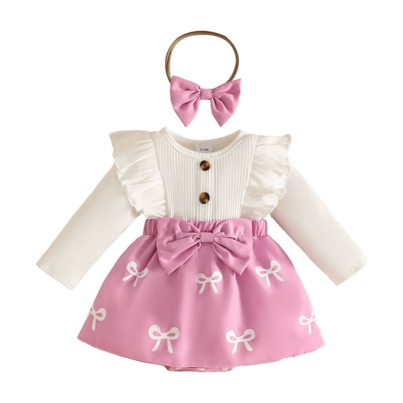 Karoyedx Rompers for Baby Girl Newborn Baby Girl Fall Winter Outfit Set Romper Dress Ruffles Long Sleeve Clothes Jumpsuit with Bow Headband Purple Size,3-6 Months