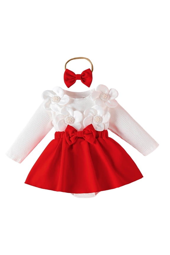 Rompers for Fall Baby Girl Clothes Infant Ruffle Sleeve Romper Dress Newborn Solid Tutu Skirt Sets Jumpsuit Headband Outfit Red Size,0-3 Months